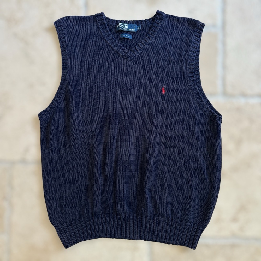 VTG Polo Ralph Lauren Sweater Vest Mens XL Navy Blue Red Pony Pullover Cotton
